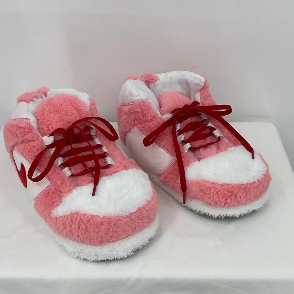 WOMENS SIZE 36-46 Pink & White Plush Sneaker Slippers - Soft Cozy Footwear